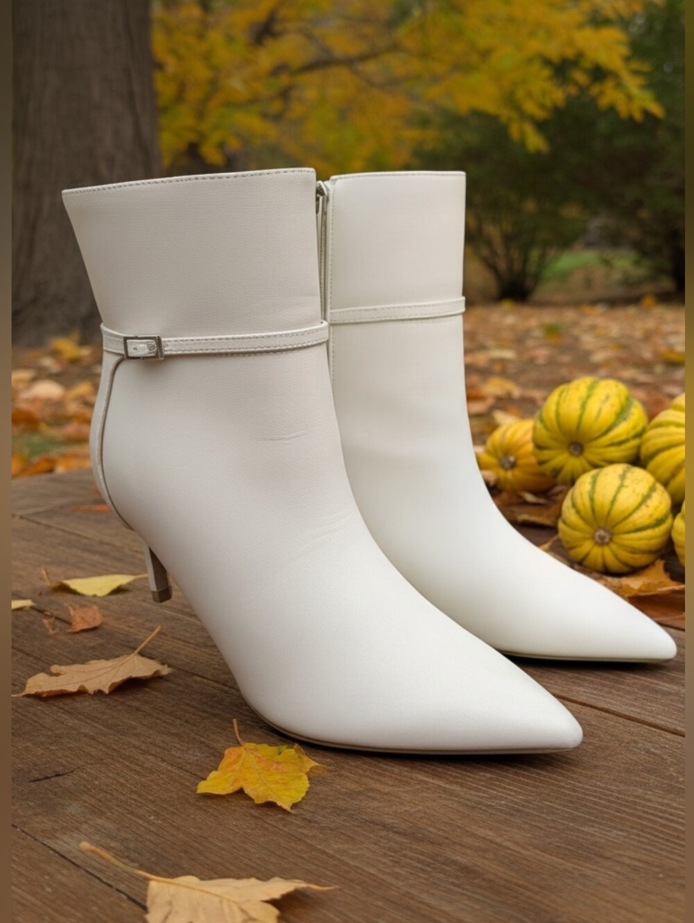 CALVIN KLEIN White Vegan Pointed Toe Ankle Boots Strap